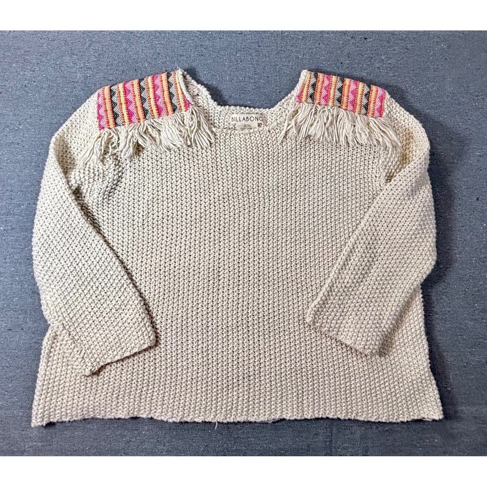 Billabong Cream Cotton Knit Fringe‎ Sweater Boho Southwestern Embroidered Large